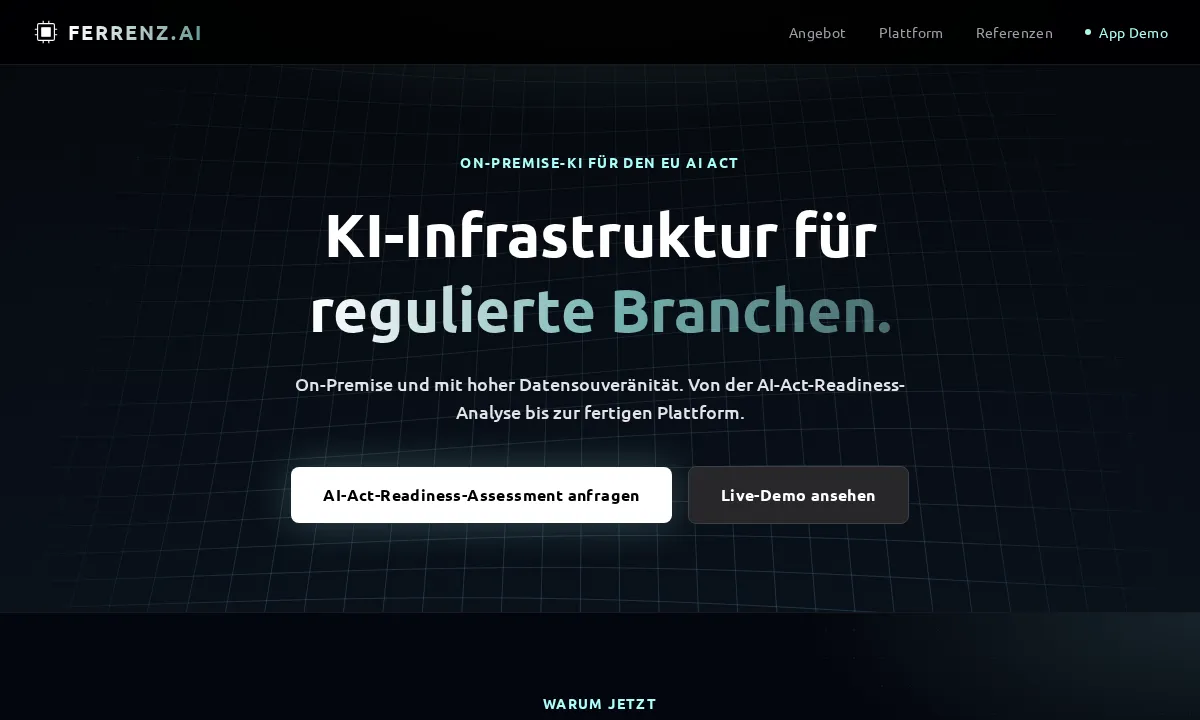 Screenshot der Website ferrenz.ai: On-Premise-KI für den EU AI Act